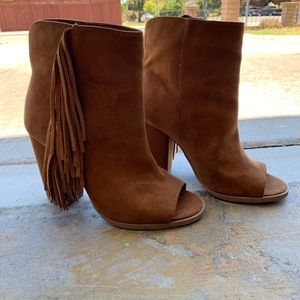 Camel Suede Booties with Fringe
